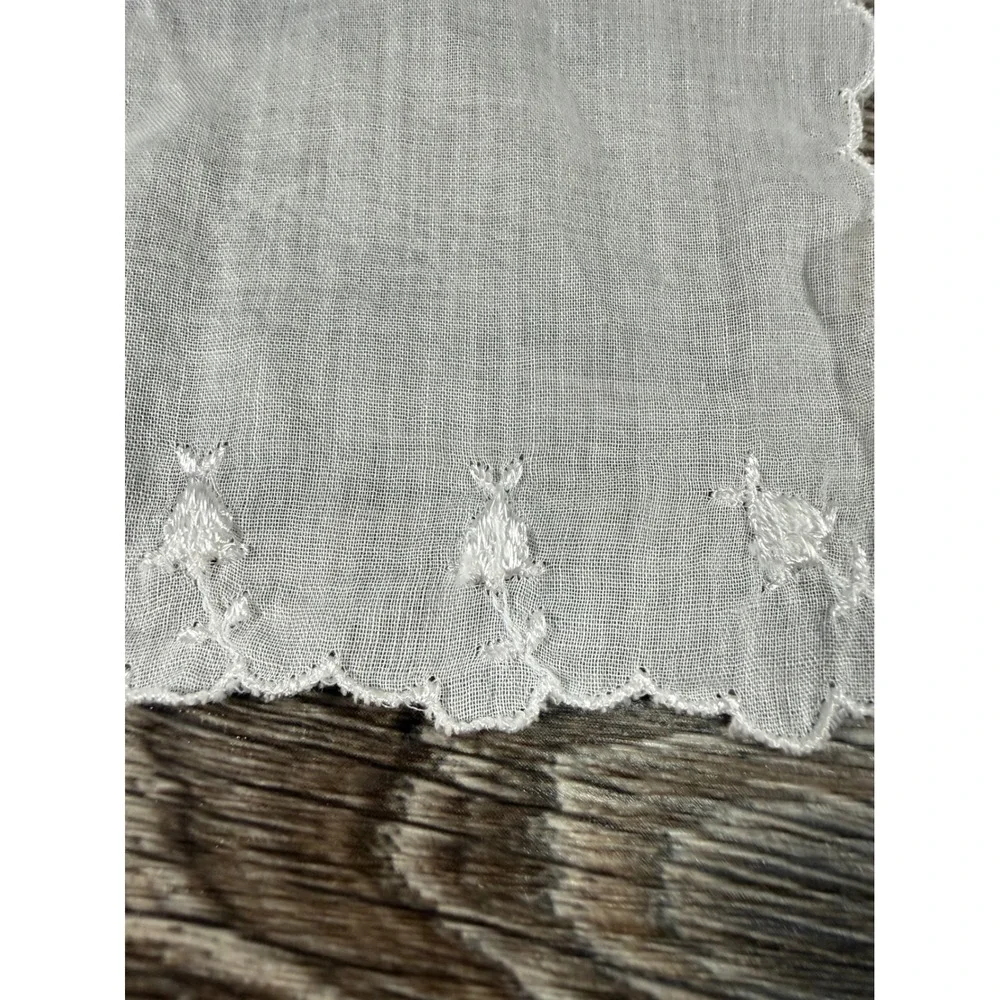 Vintage White Handkerchief Set 2 Embroidered Floral Scalloped Cotton Linen Mixed
